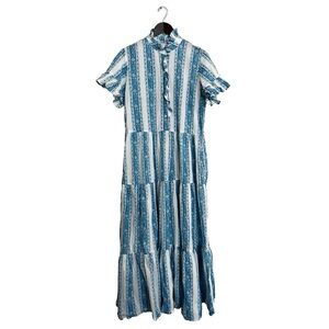Mille Resort & Travel Victoria Ruffle Front Dress Aqua Jaipur Stripe Size Small